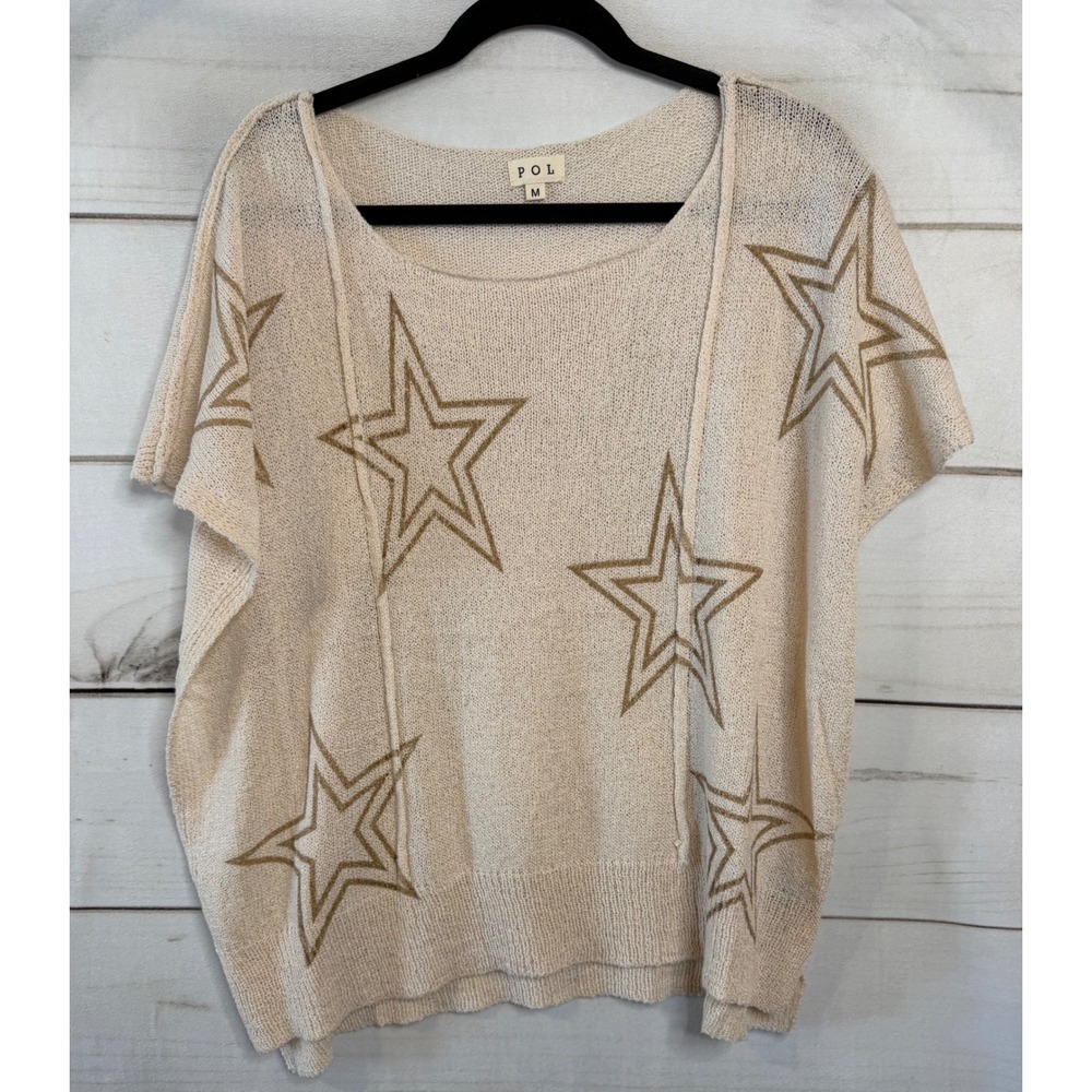 POL Womens Star Print Open Knit Oversized Sweater Top Cream‎ Tan YST240 Size M